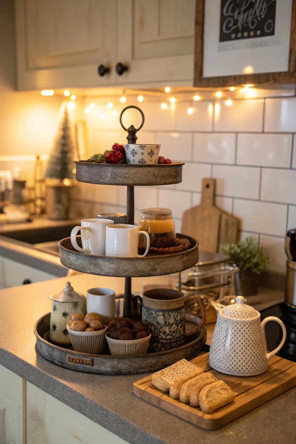 A coffee-themed tiered tray ready for a morning brew.