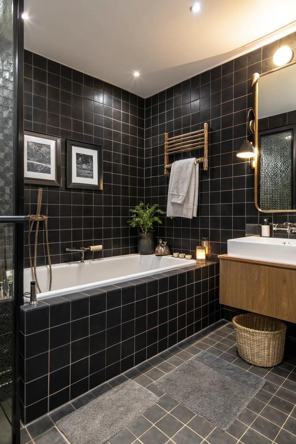 Ebony coverings create a dramatic and sophisticated look for your bathtub area.