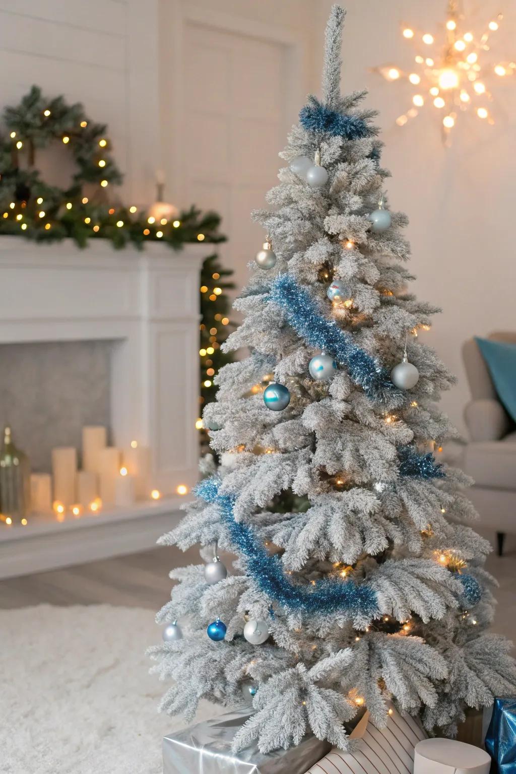 A winter-inspired home decor scene with an icy argent and azure foil Christmas tree.