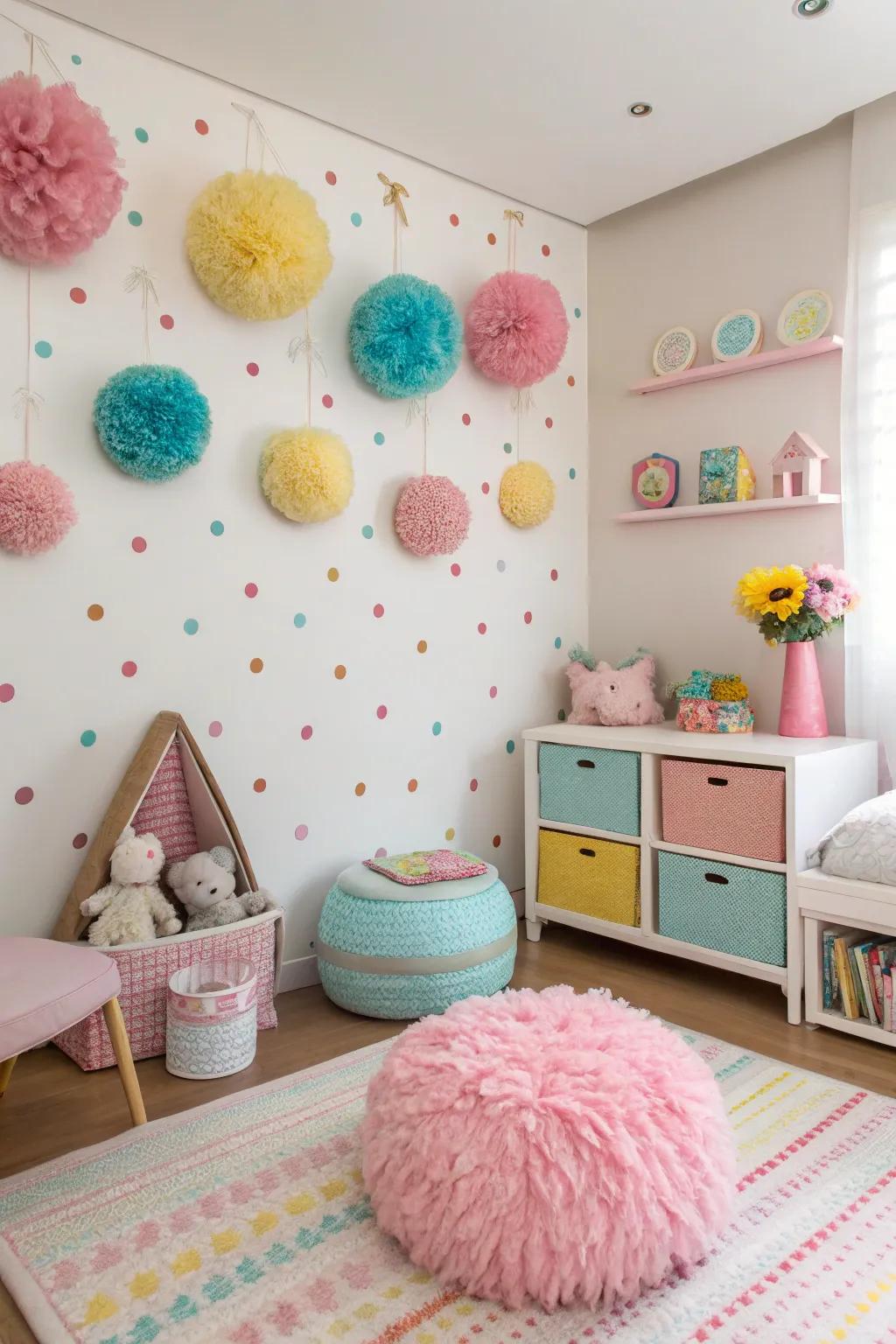 Pom-pom wall hangings contribute a fanciful and textured element to the room.