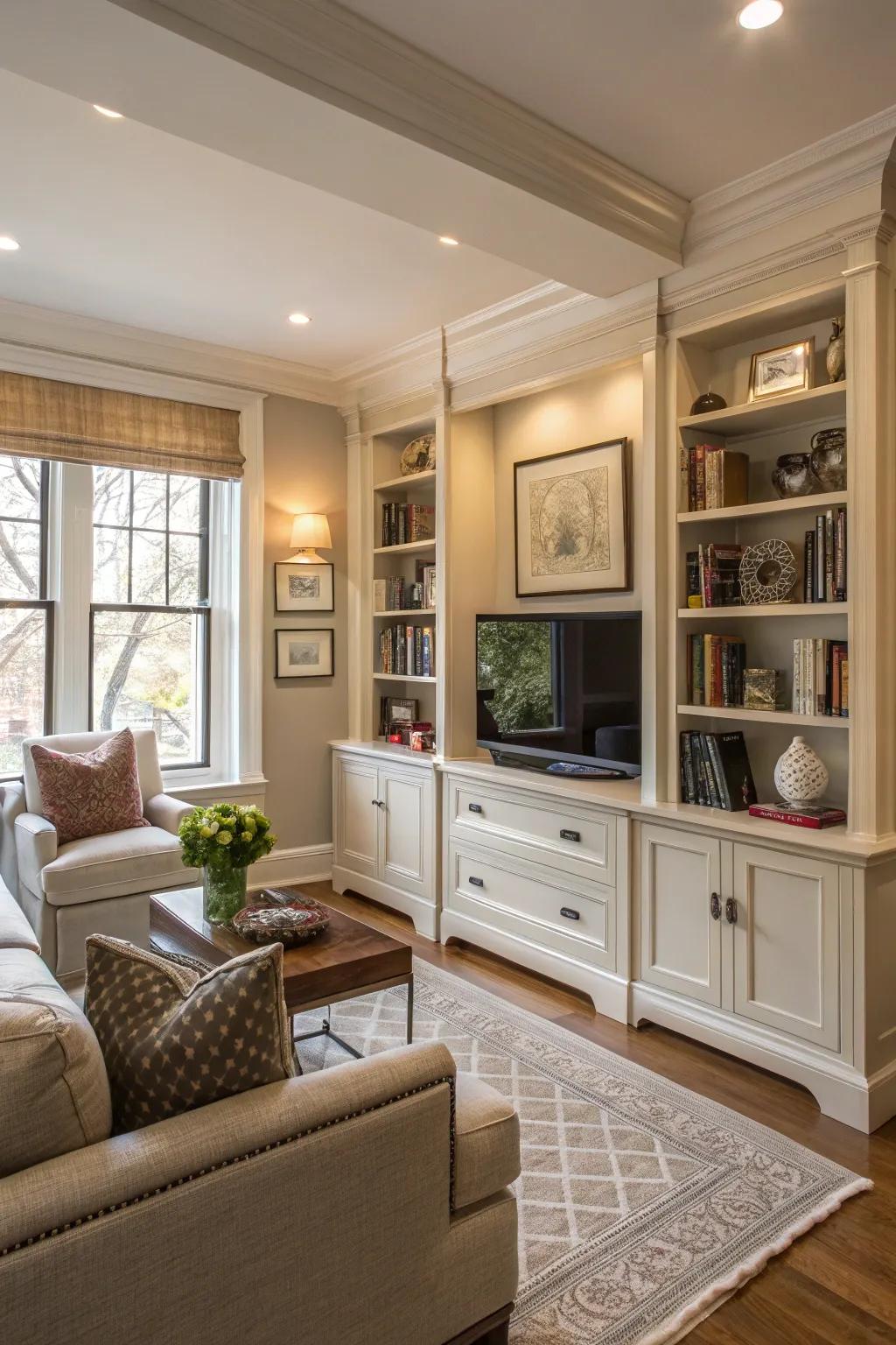 Built-in storage maintains organization and style in the living room.