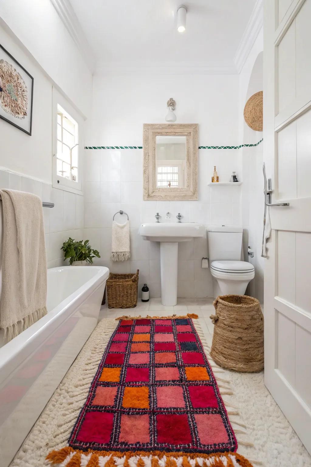 A white bathroom transformed through an eye-catching rug that adds color and pattern.