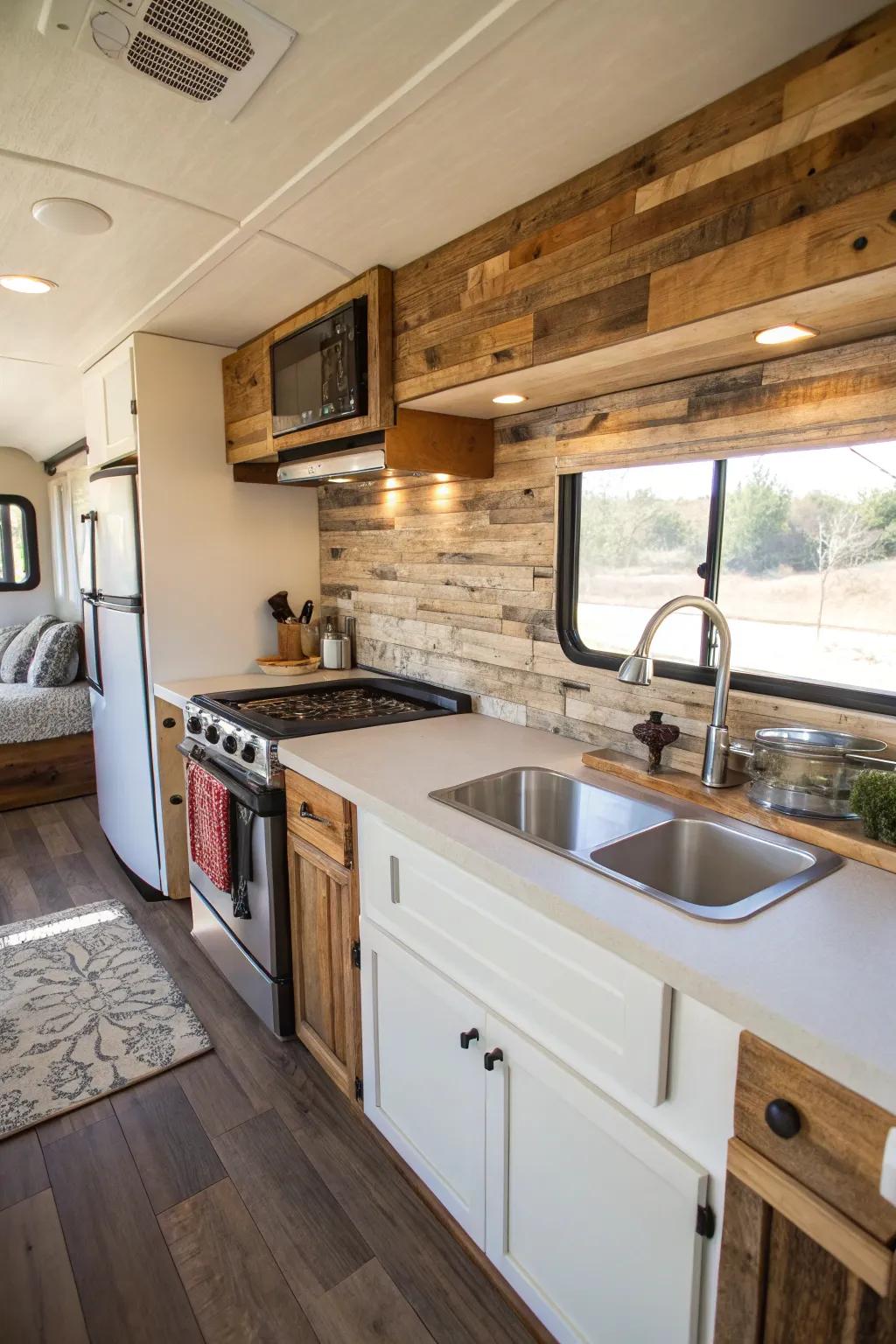 Reclaimed materials offer an eco-friendly and unique touch to your RV kitchen.