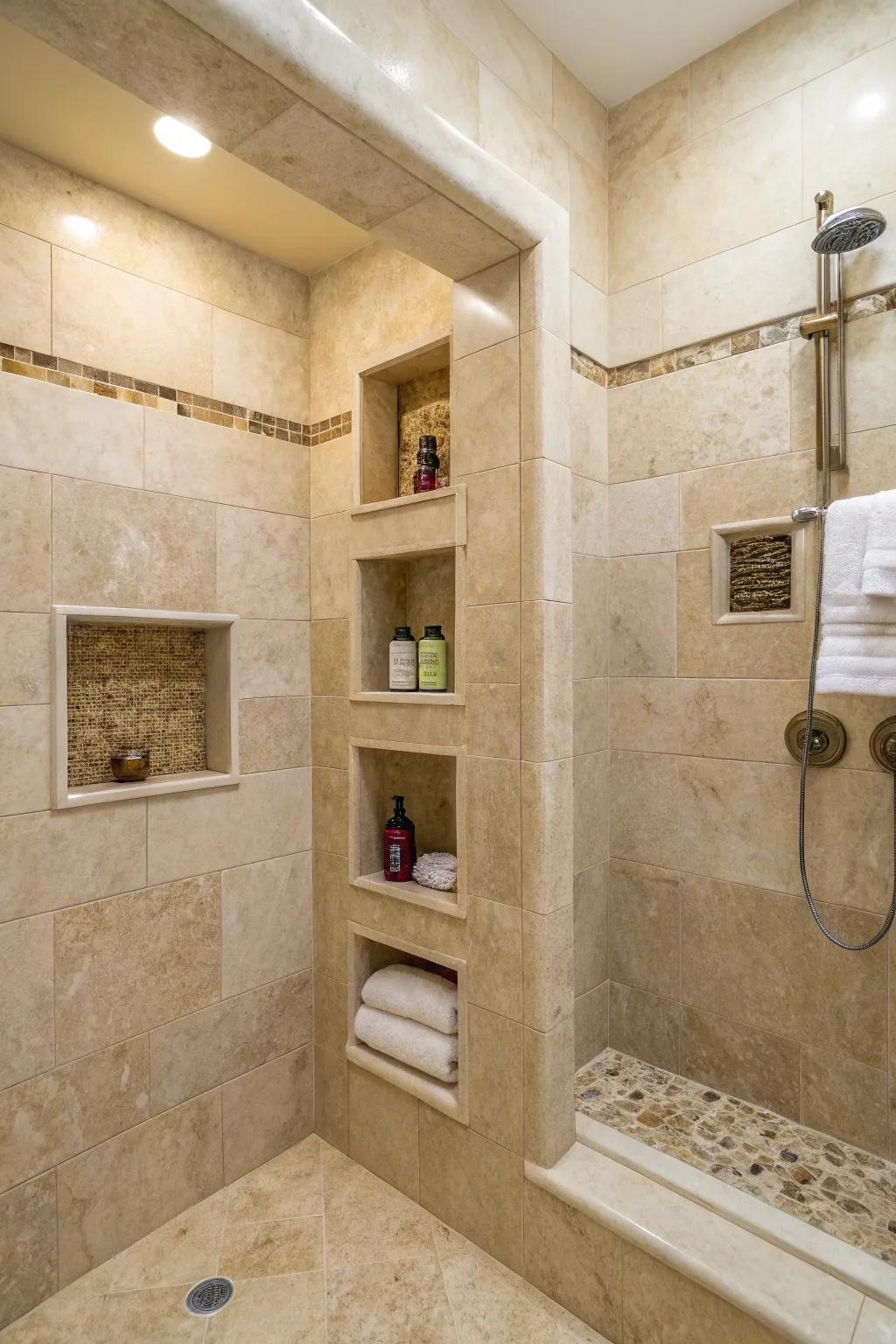 A travertine shower highlights stylish built-in alcoves for practical storage.