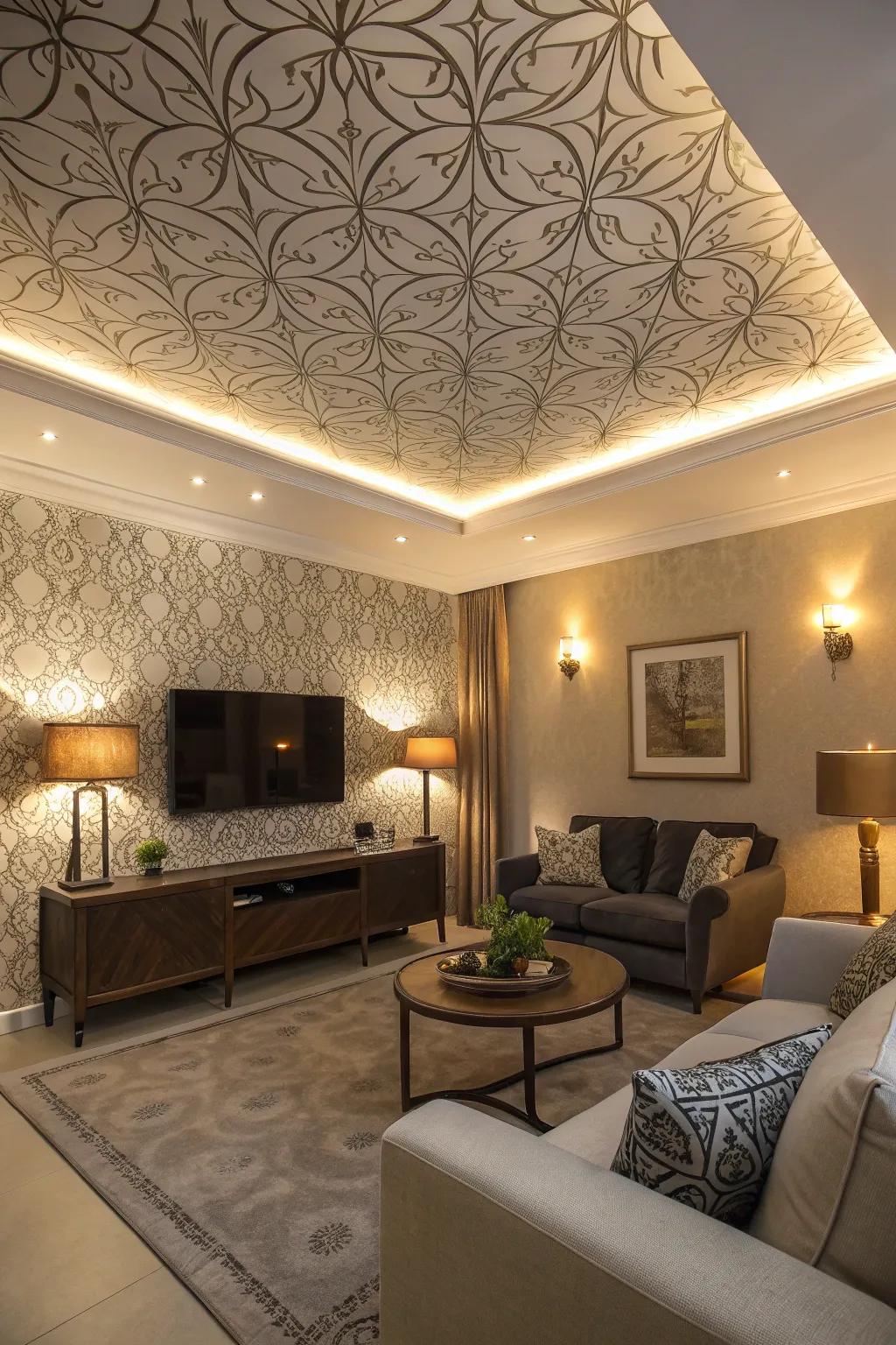 A chic living space with a uniquely papered tray ceiling.