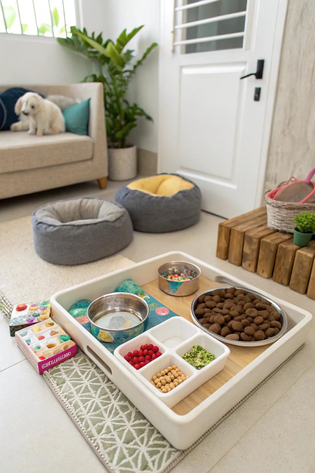 A tidy pet-designated spot, featuring all essential supplies.