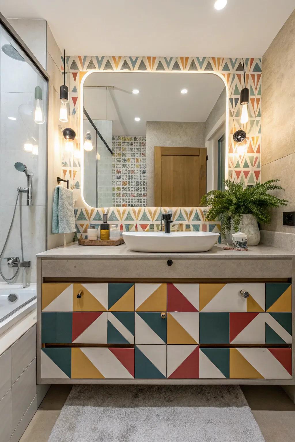 This contemporary bathroom vanity uses geometric patterns to foster a lively and interesting environment.