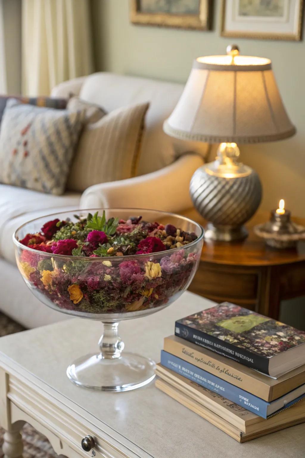 A dessert bowl serving as a fragrant potpourri holder.