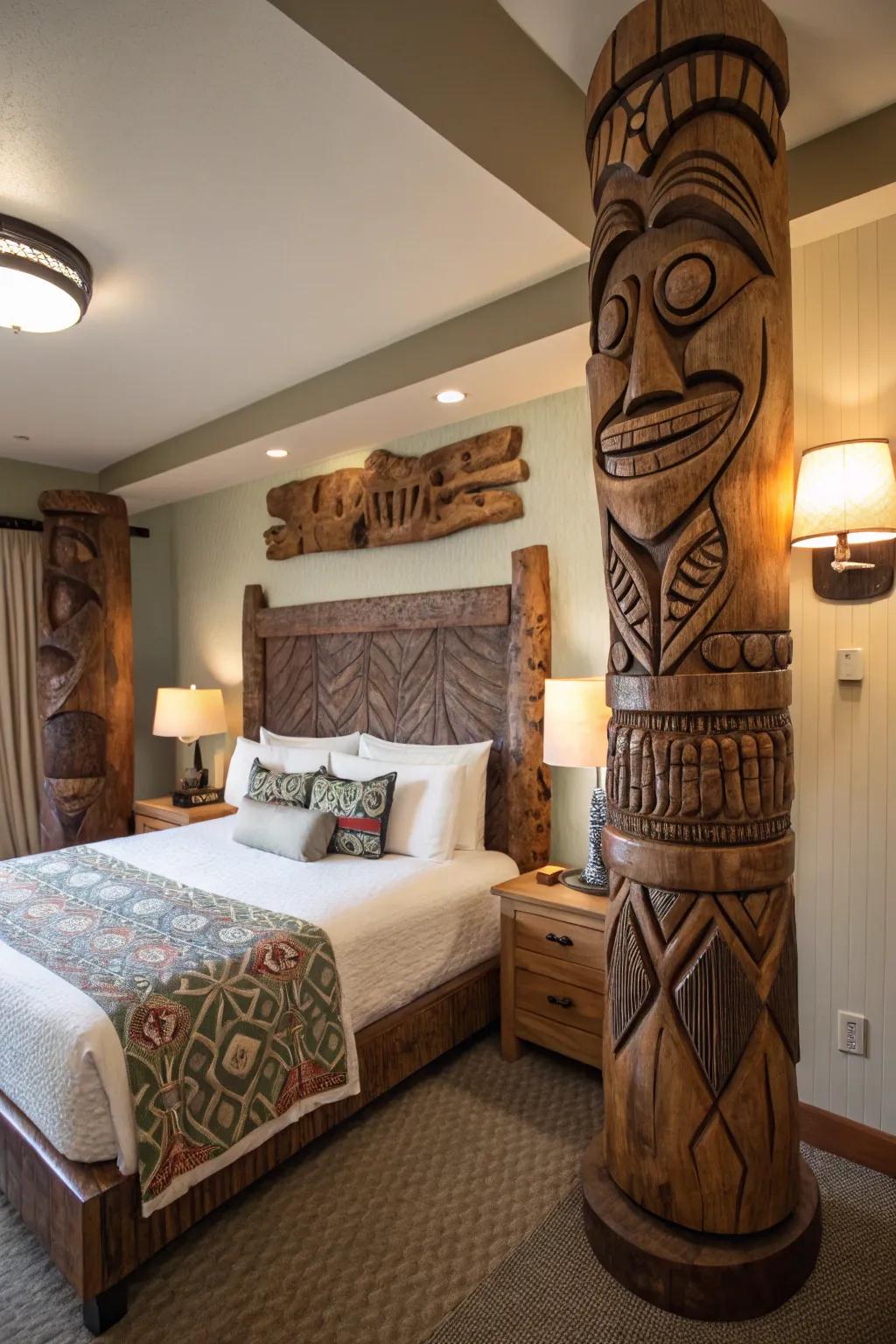 Tiki elements add personality and playfulness to your tropical bedroom.