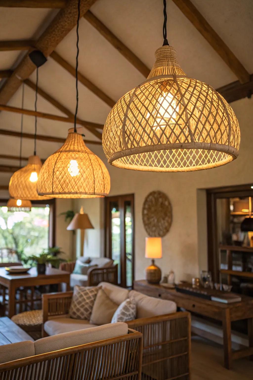 Tropical-themed lighting adds warmth and style to the decor.