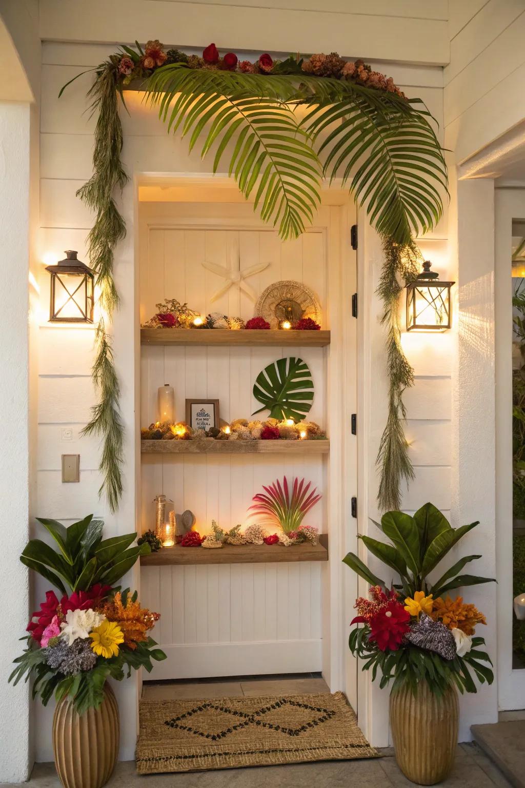 Suspended racks showcase tropical decor and mementos in the entryway.