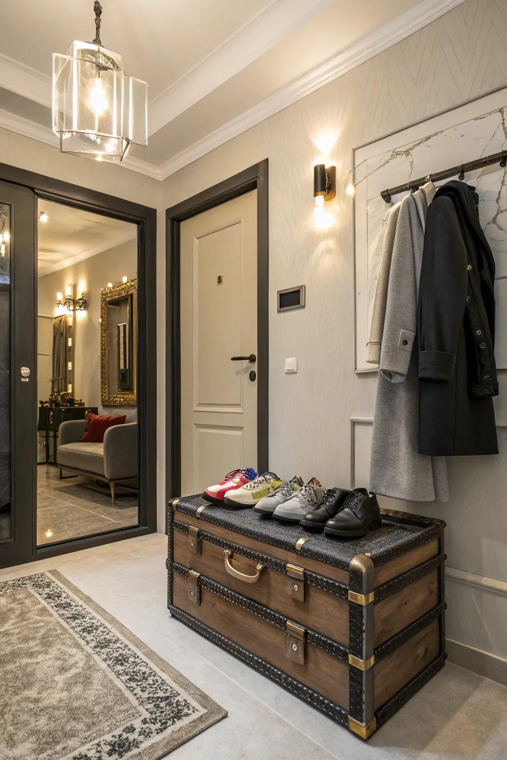 A trunk offers a quirky solution for shoe storage, adding charm to the entryway.