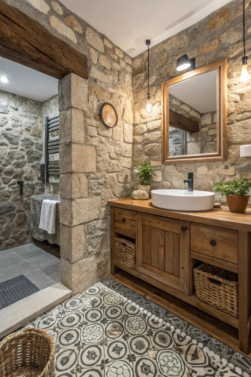 An eclectic fusion of textures adds depth and distinctiveness to the bathroom.