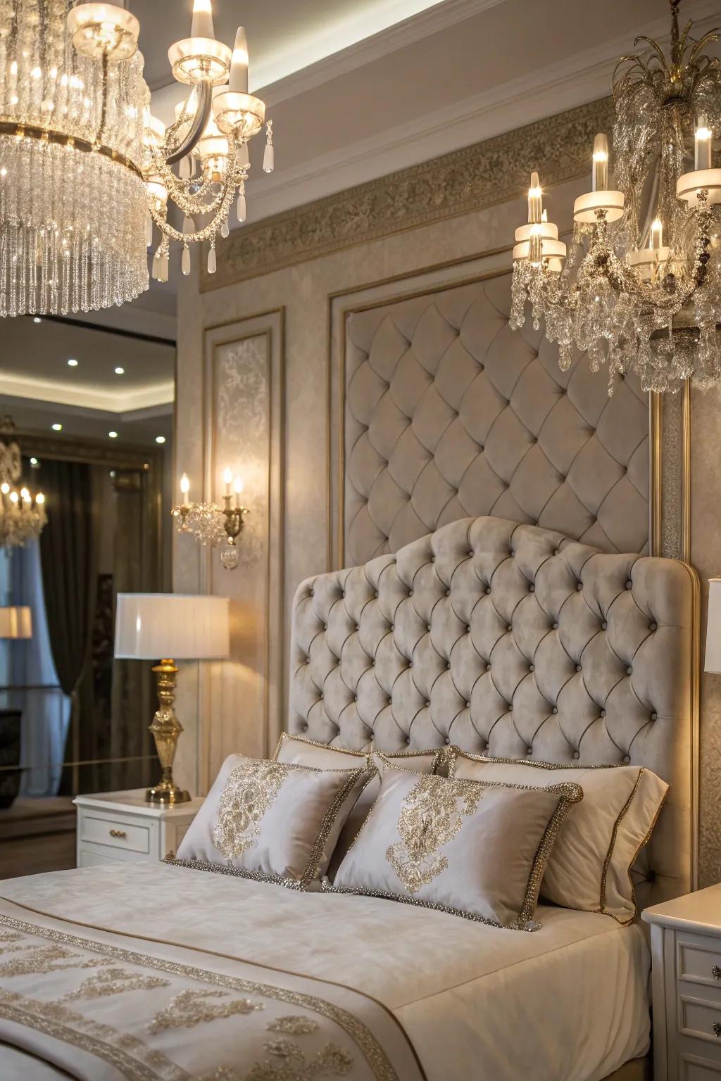 A glamorous bedroom showcasing a lush tufted headboard.