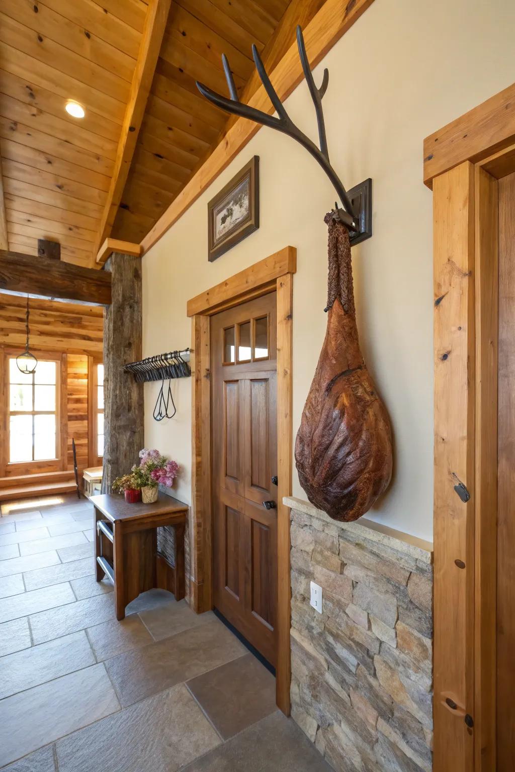 A whimsical wild fowl leg outerwear hanger within a rustic entryway.