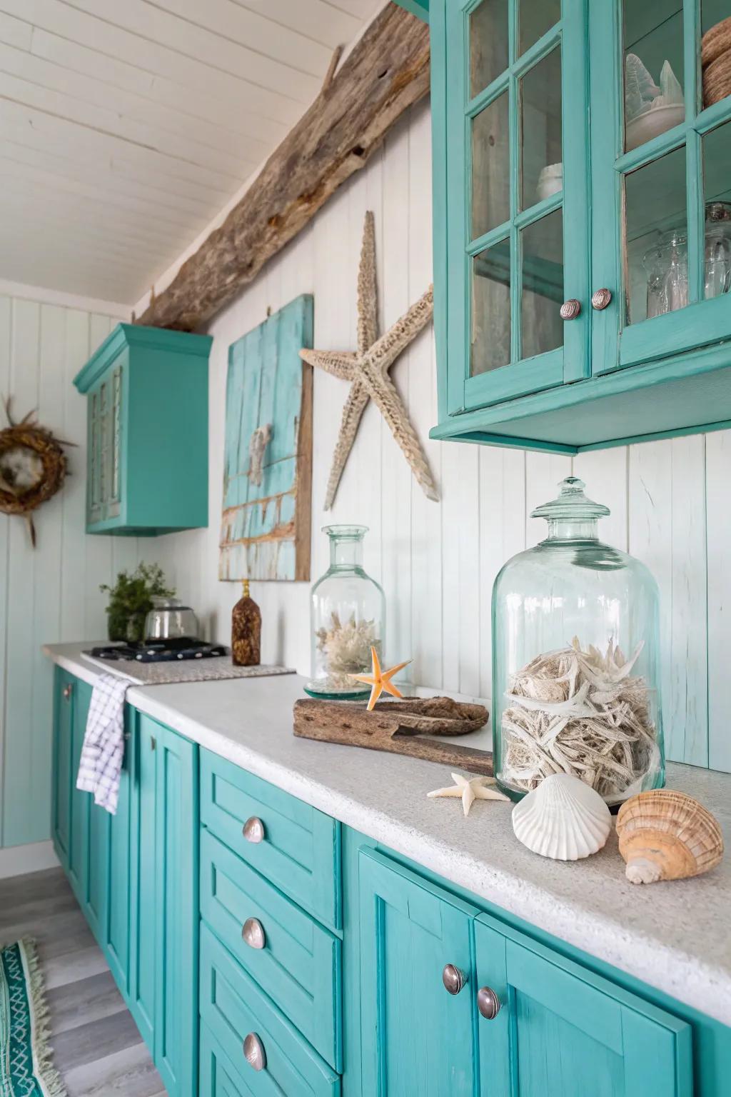 Shoreline design components evoking a beach-like atmosphere in a turquoise kitchen.