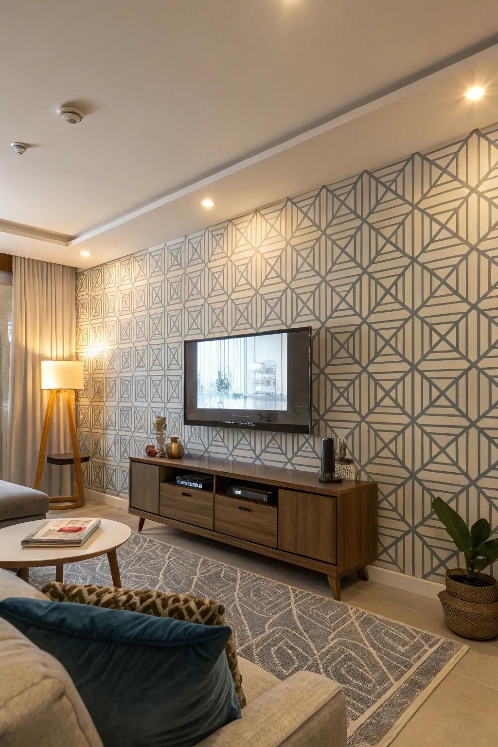 Geometric wallpaper adds a modern twist to this TV feature wall.