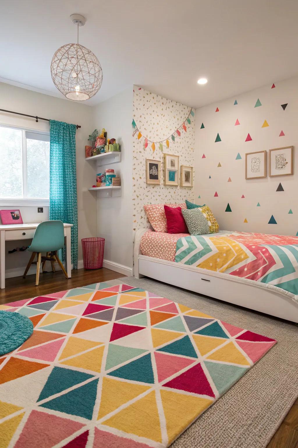 Geometric patterns add a contemporary edge to any tween bedroom, enhancing its visual appeal and style.