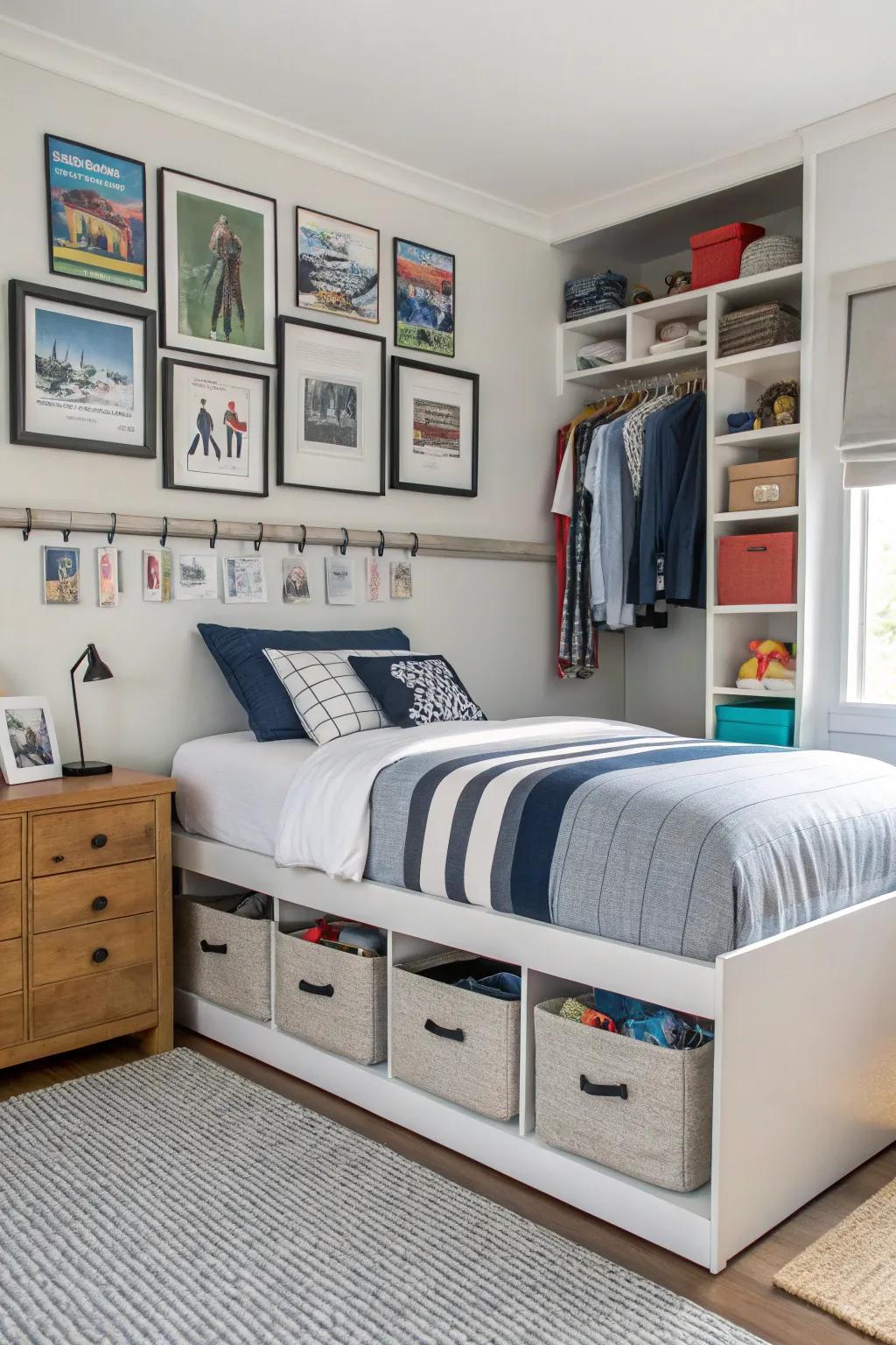 A tidy room with innovative storage solutions.