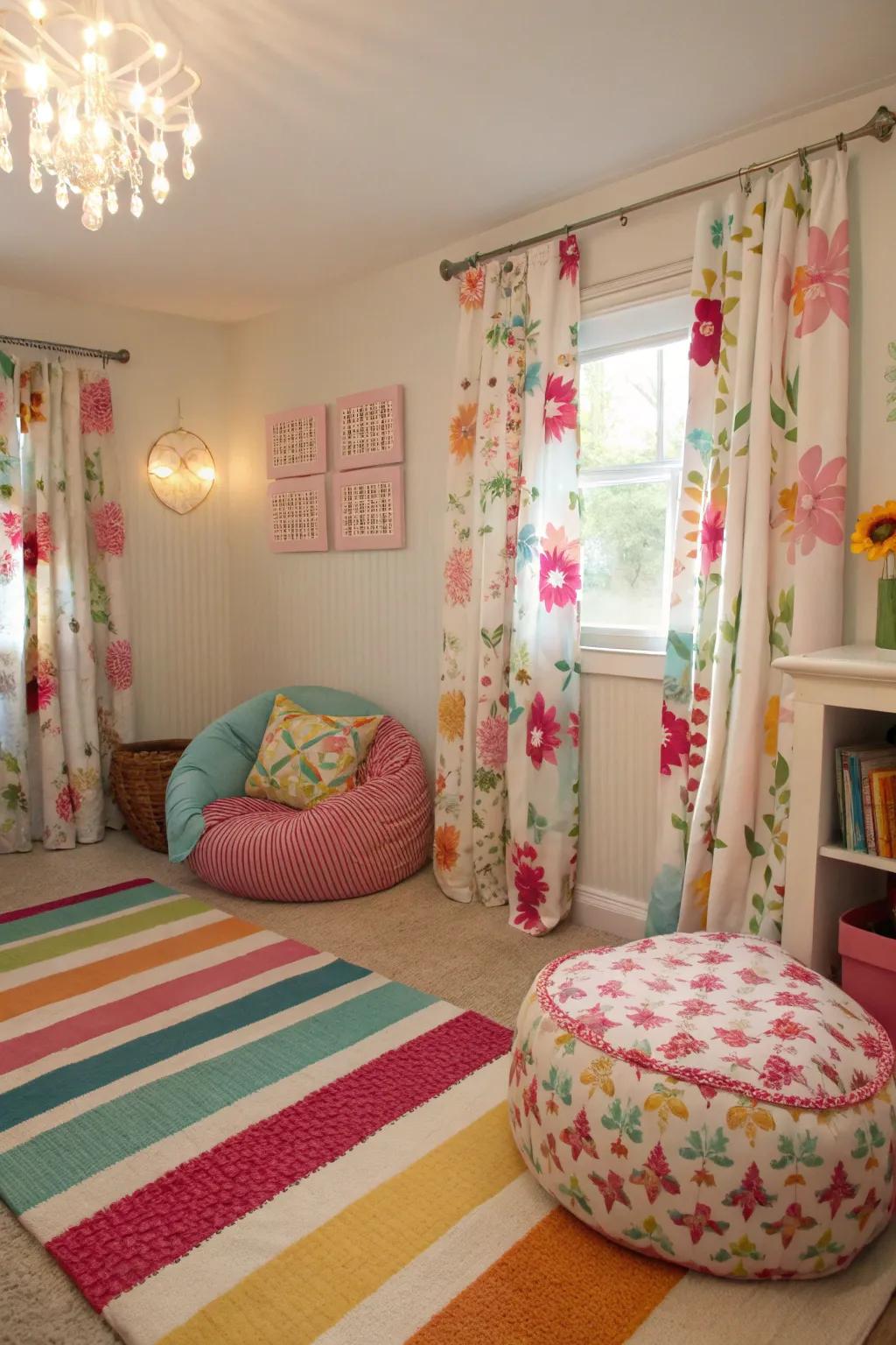 Energetic assortment of patterns via cushions, rugs, and curtains.