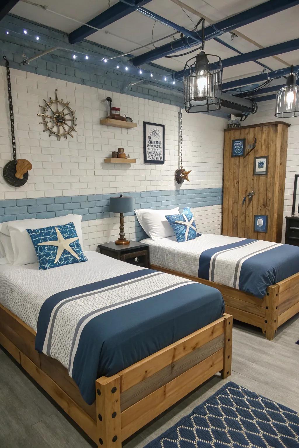 A themed design unifies the look and feel of twin bed spaces.