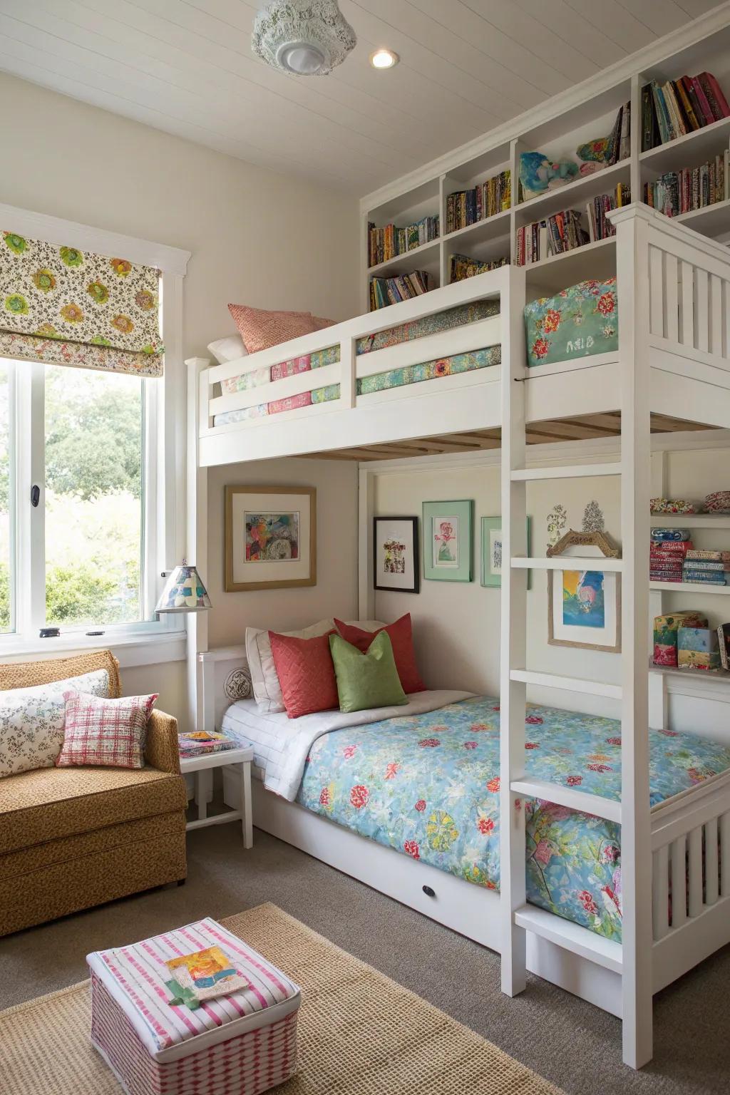 Elevated platforms create additional functional space in the twin room.