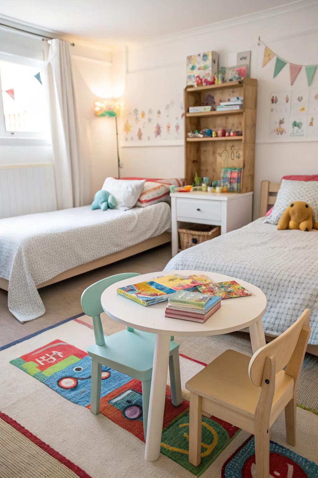 An interactive play zone encourages creativity and sibling bonding.
