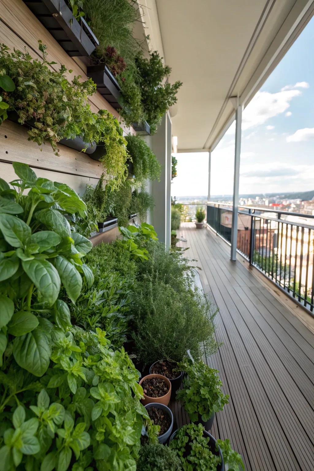 A flourishing vertical herb garden under the deck, ideal for fresh culinary flavors.