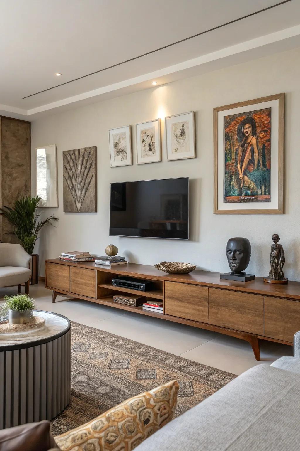 Art pieces under your TV add sophistication and visual interest.