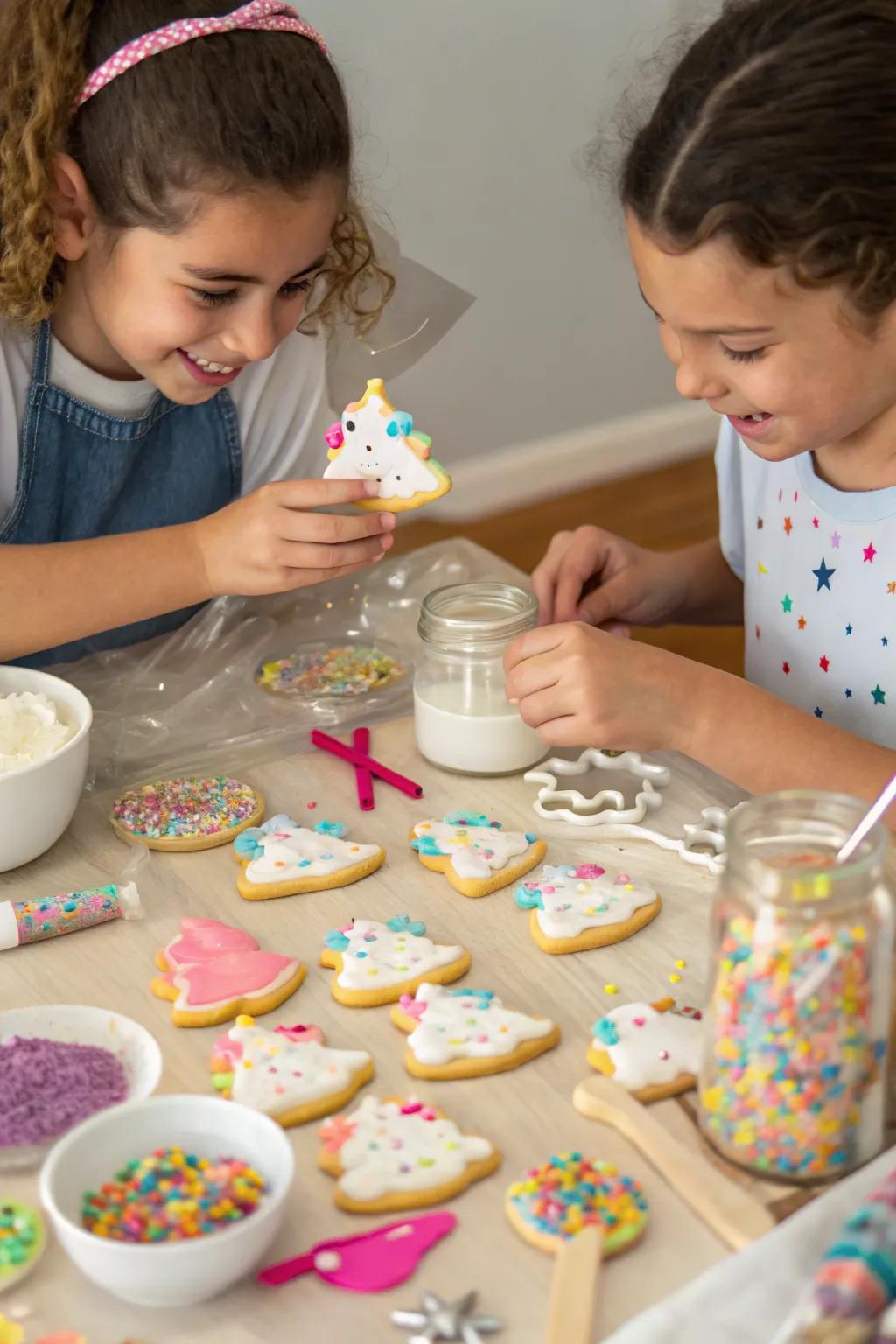 Youngsters adorning unicorn biscuits using vibrant frosting.