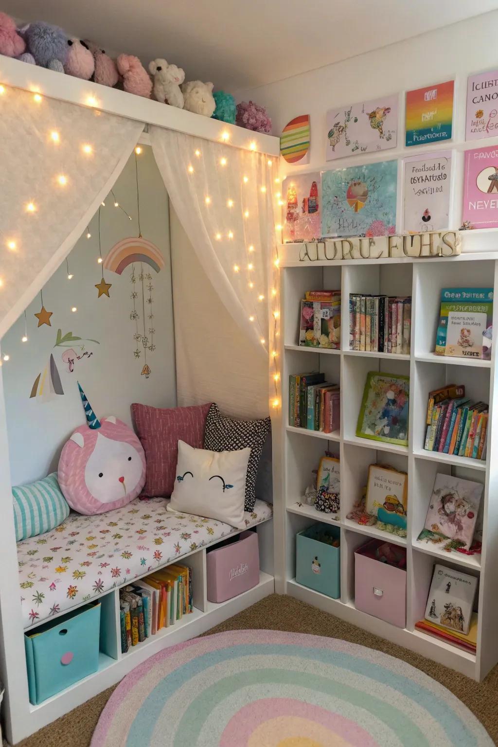 A cozy book nook featuring magical creature-themed d&eacute;cor.