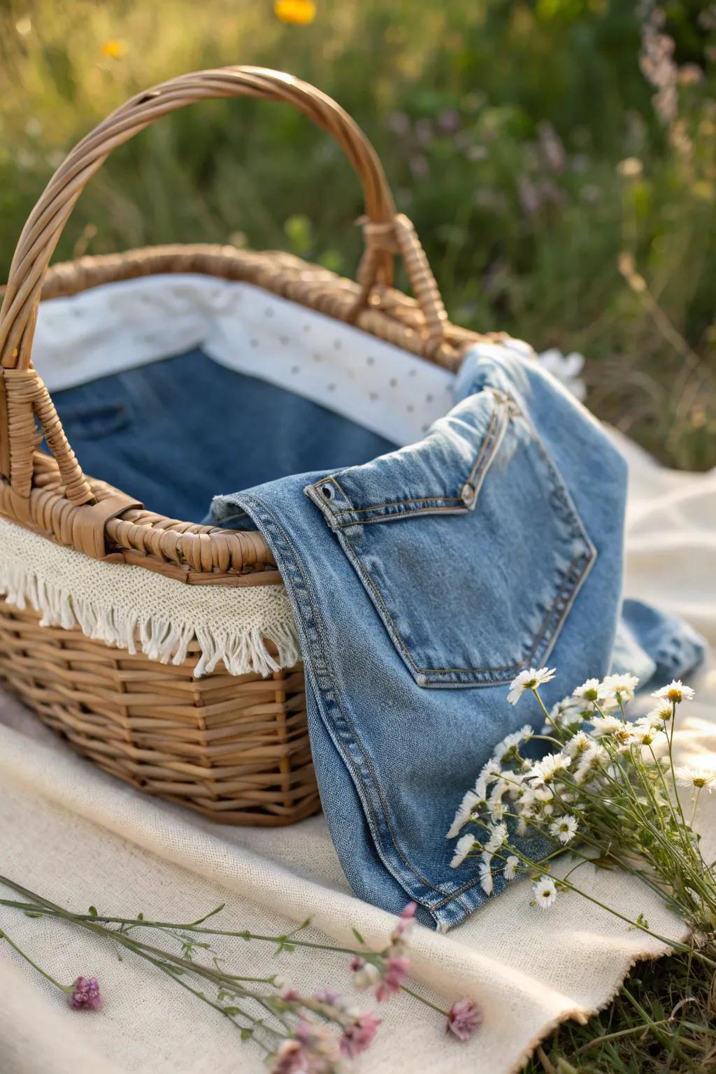 Enhance your outdoor dining with a stylish denim liner for your outdoor basket&mdash;where sustainability meets style.