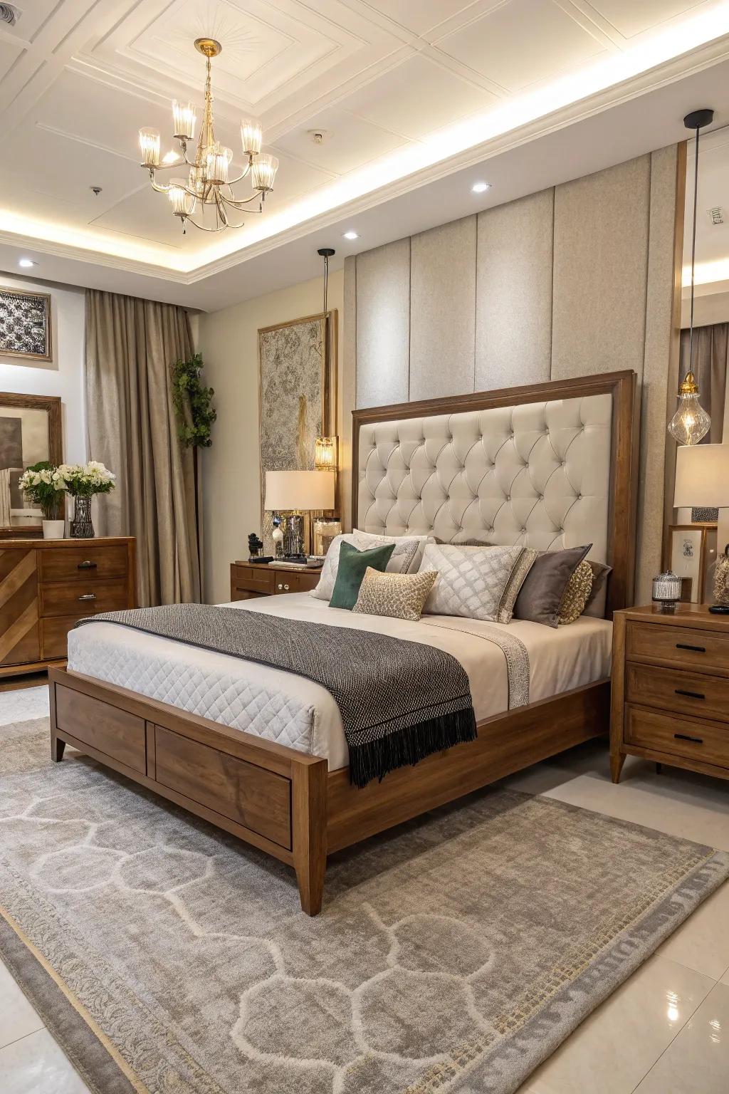 Combining materials crafts a distinctive and modern sleeping quarter look.