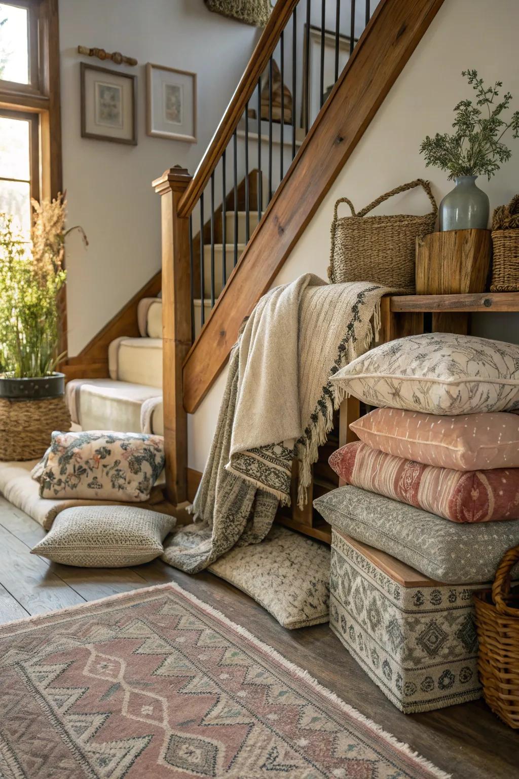 By layering textures on the landing, you can craft an inviting, multi-sensory experience.