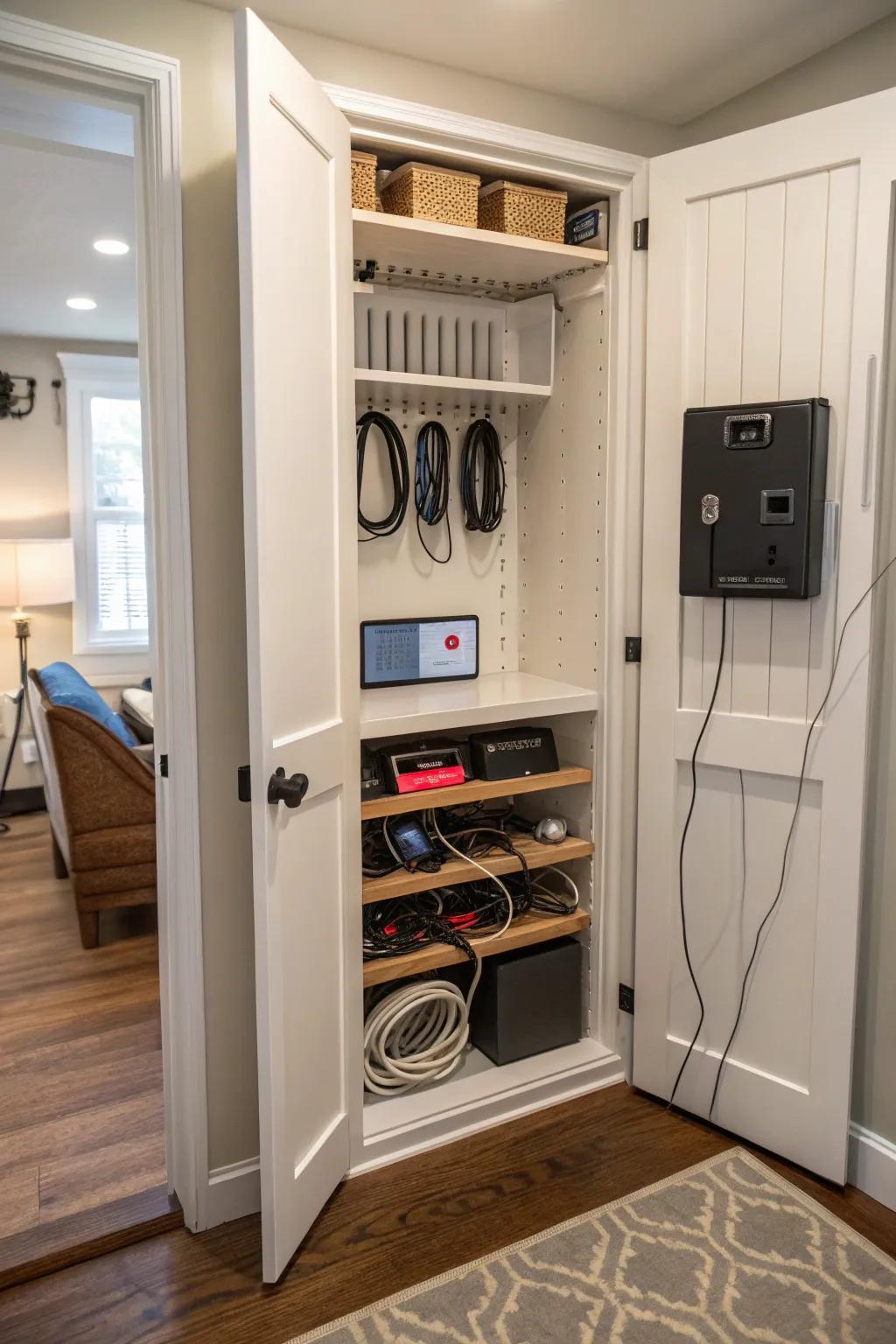 A hidden charging station keeps your devices charged and your space clean.