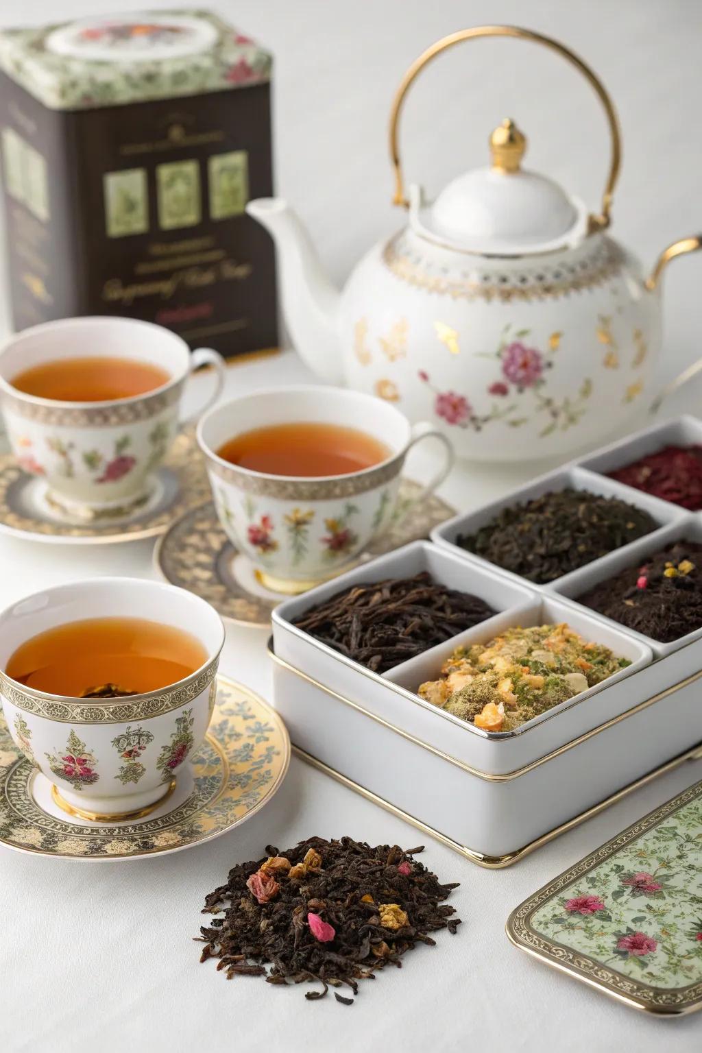 A luxurious gourmet tea selection with elegant serving ware.