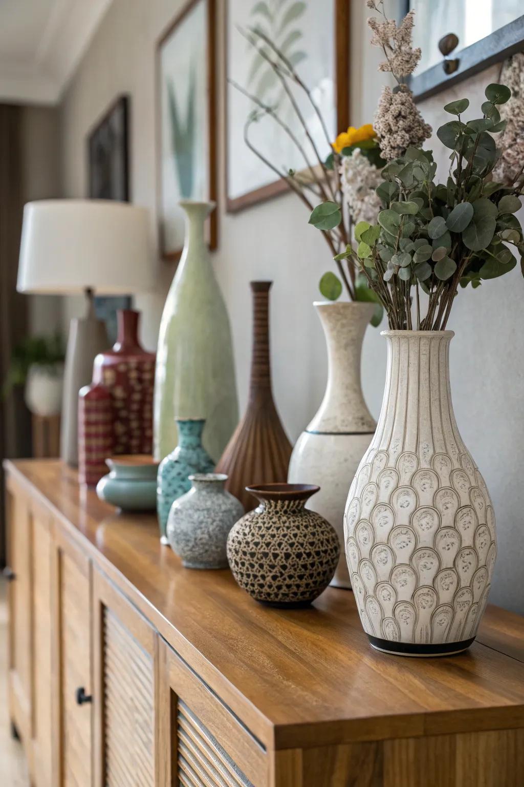 Combining different vase styles creates a personalized and unique decor.