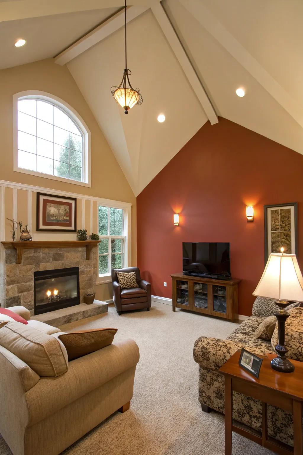 A family room showcasing a vaulted ceiling and a wall design integrating a dual-tone paint scheme