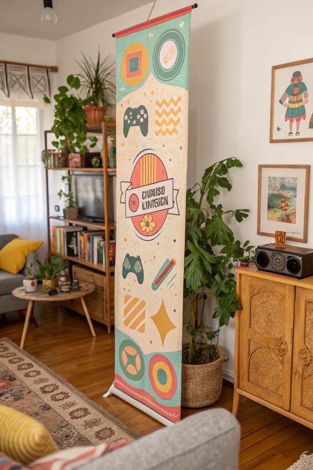 Retro graphics on a vertical banner bring joyful energy to an eclectic room.