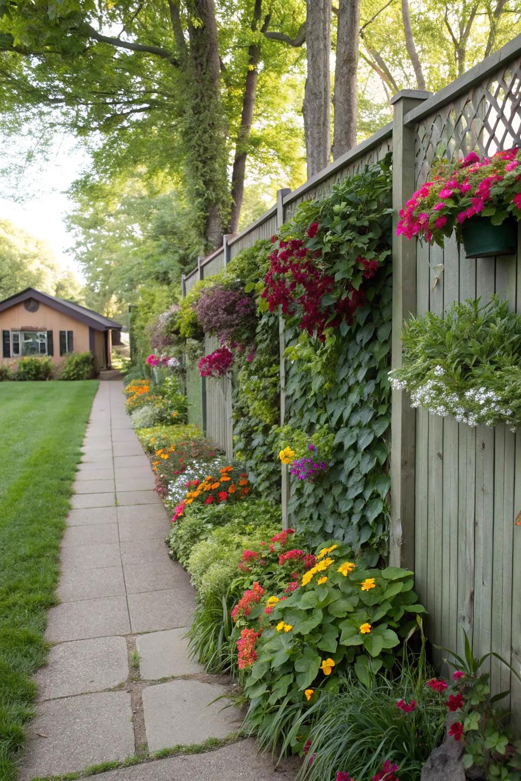 An old fence transforms into a colorful vertical landscape with plants.