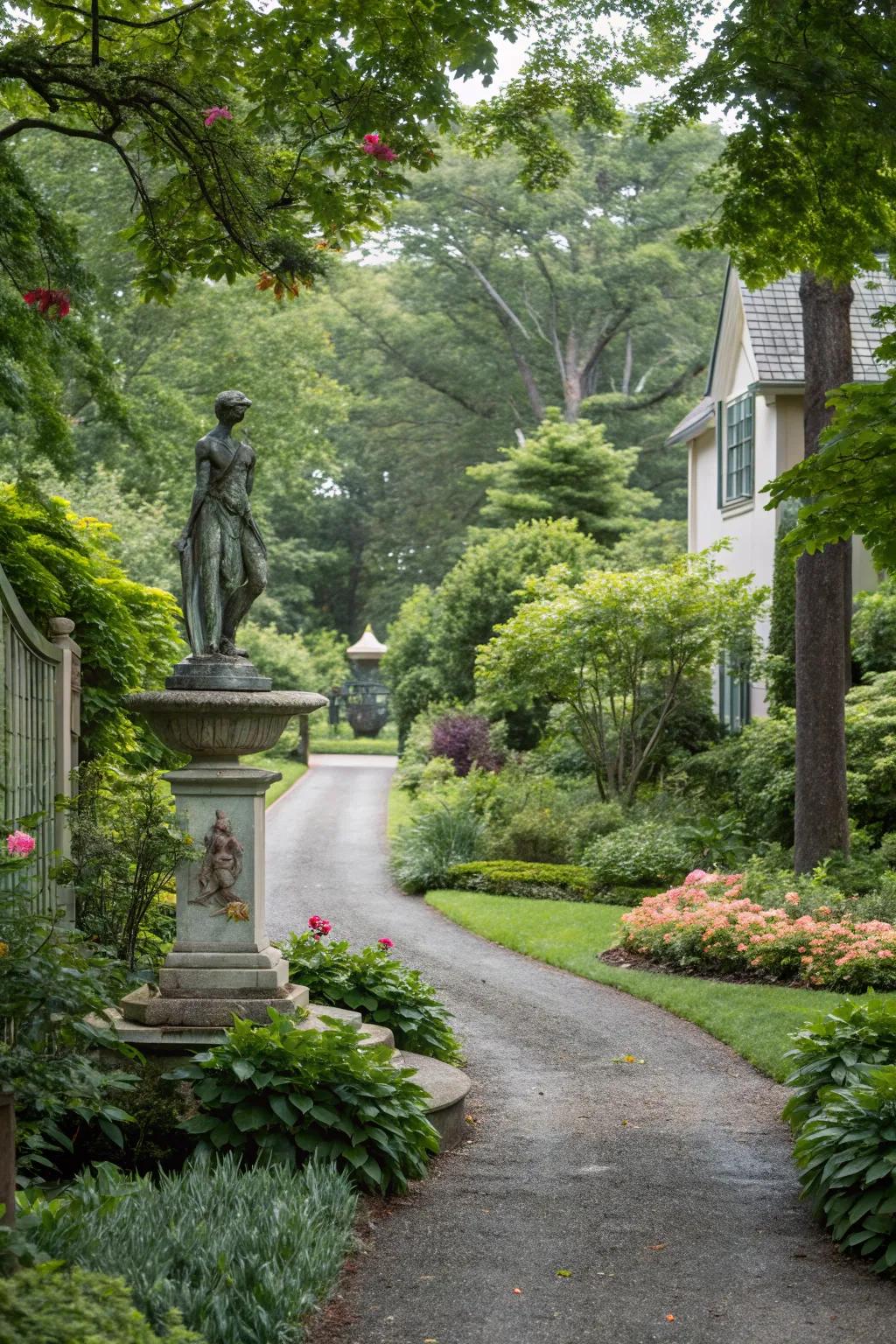 A lynchpin lends character and attracts the eye in a compact driveway.