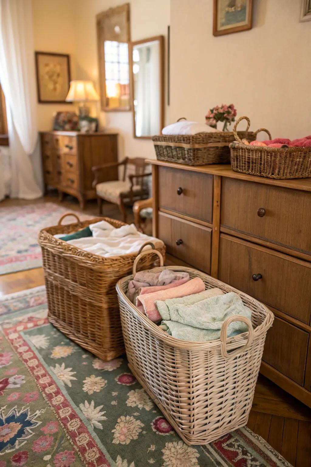 Braided bins providing both function and vintage charm.
