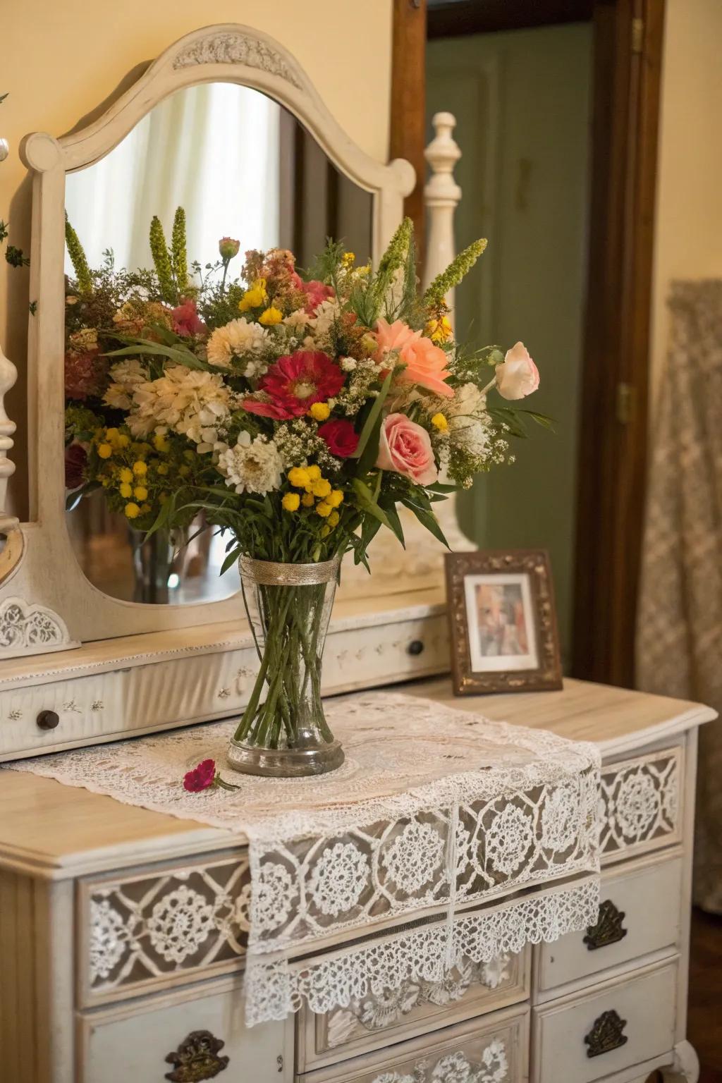 Fresh flowers add a touch to vintage vanities.