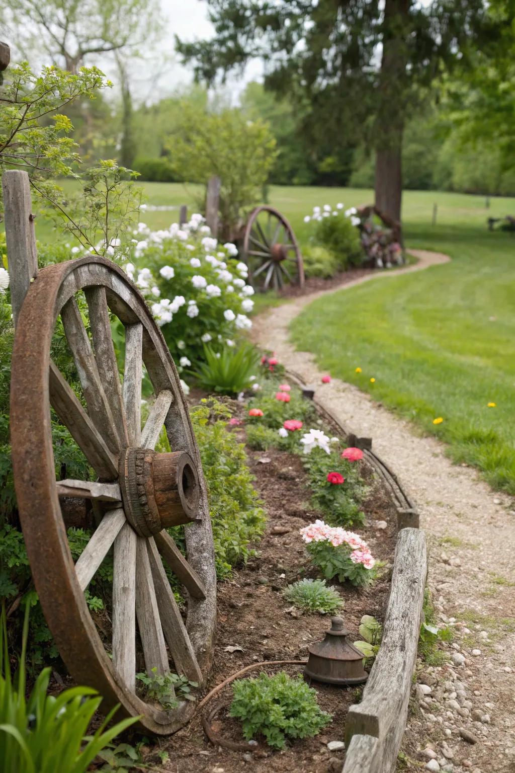 Half-buried carriage wheels outlining a walkway, delivering whimsical direction.
