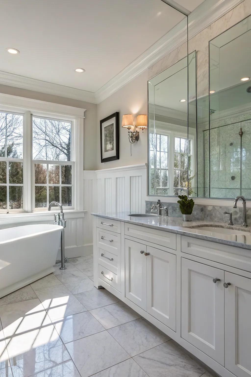 Glass components and white wainscoting create a sleek, modern bathroom.