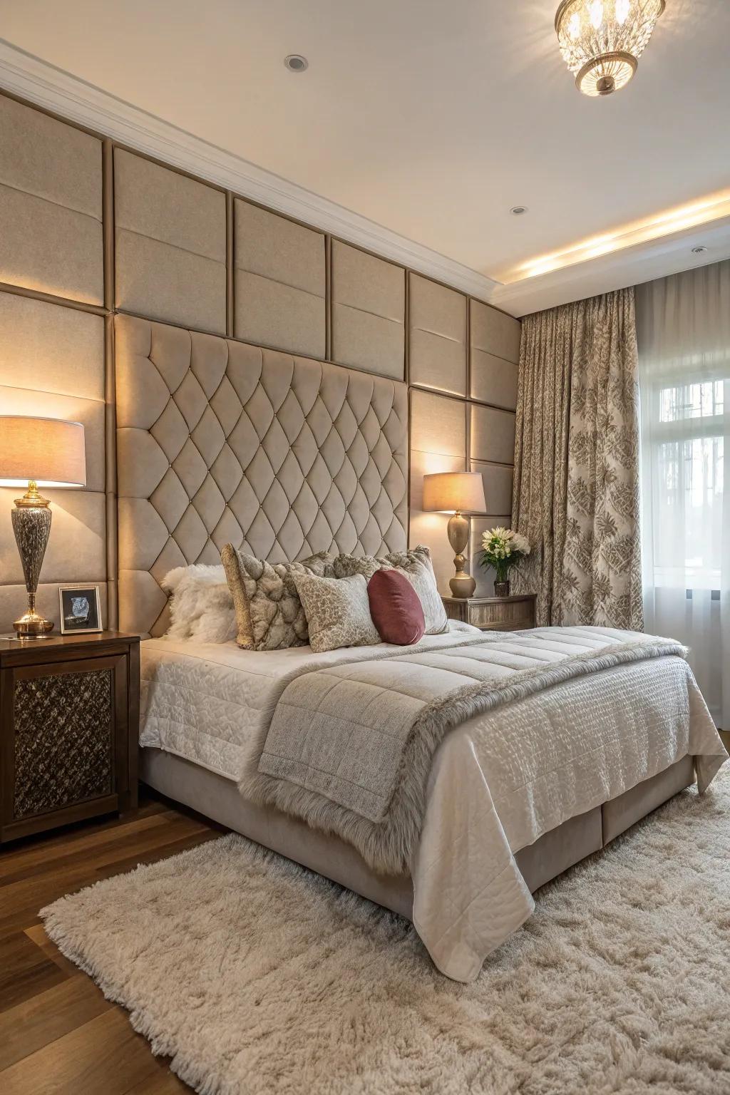 Incorporate warmth using cushioned wainscoting in your bedroom.