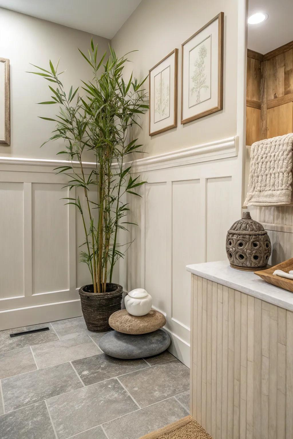 A minimalist bath chamber elevated by subtle wainscoting.