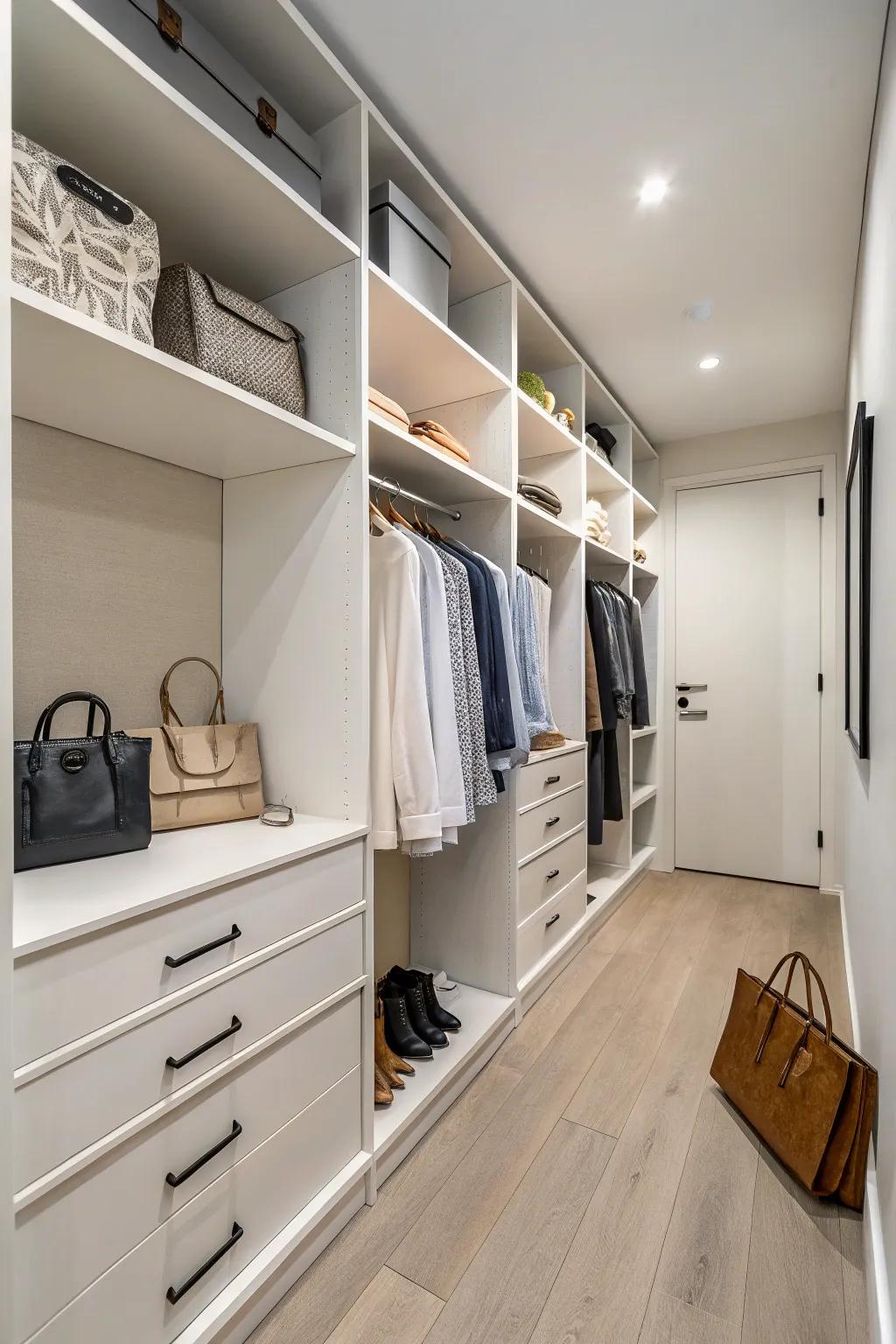 A minimalist walk-in closet design that emphasizes simplicity and functionality.