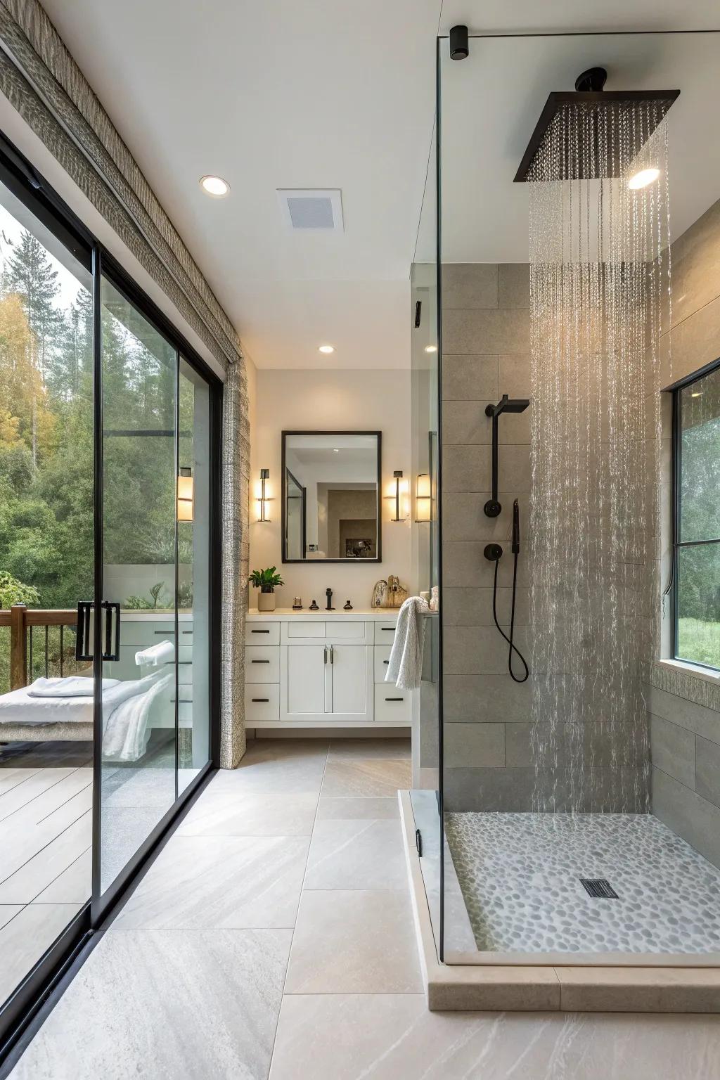 An open layout design lends grace and a contemporary feel to this walk-in shower.