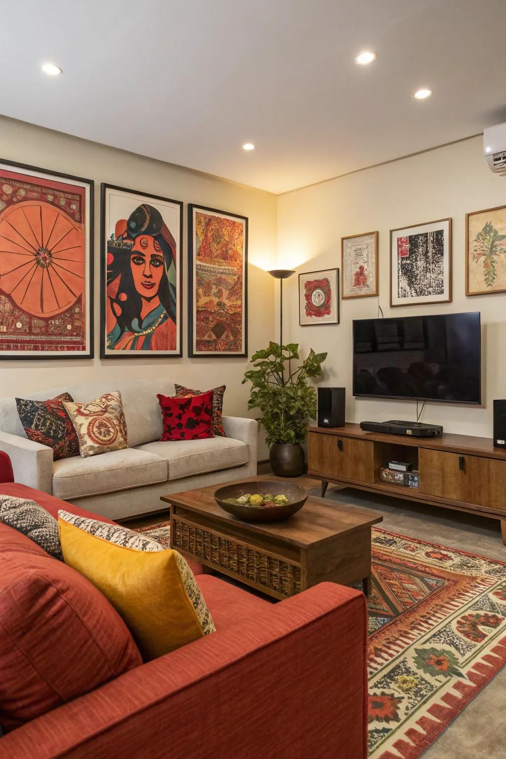 Wall art featuring bold accent colors infuses energy into the living space.